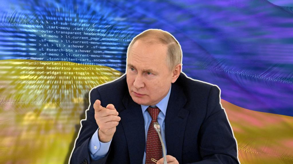 Vladímir Putin y la bandera hackeada de Ucrania