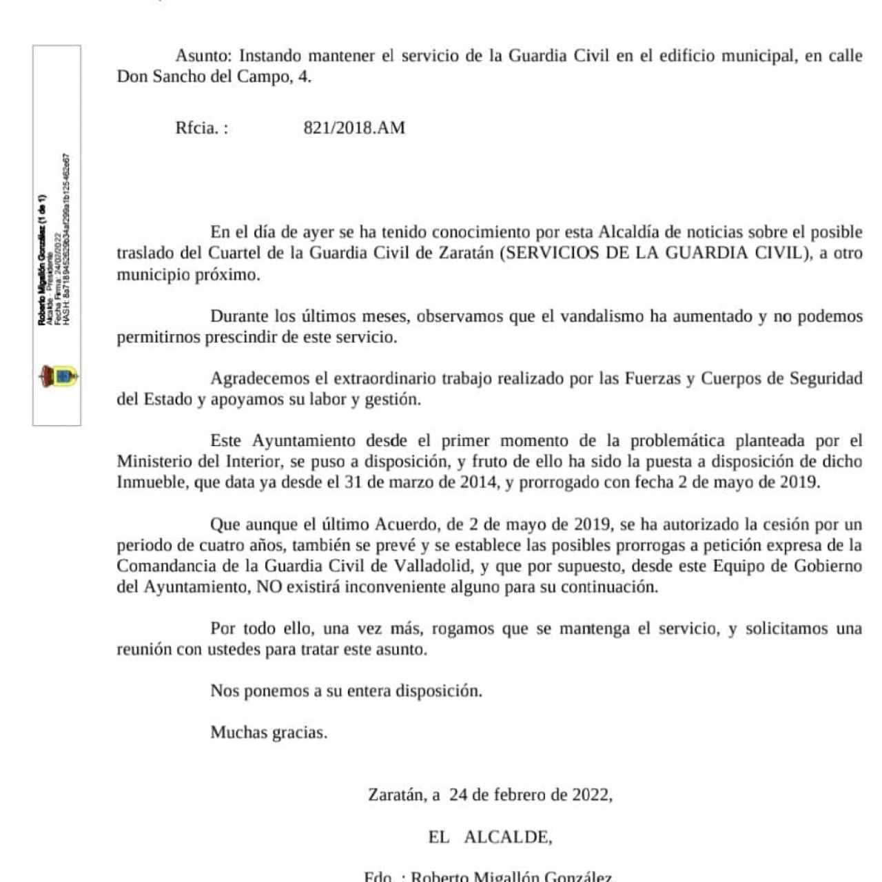 Carta del alcalde, Roberto Migallón