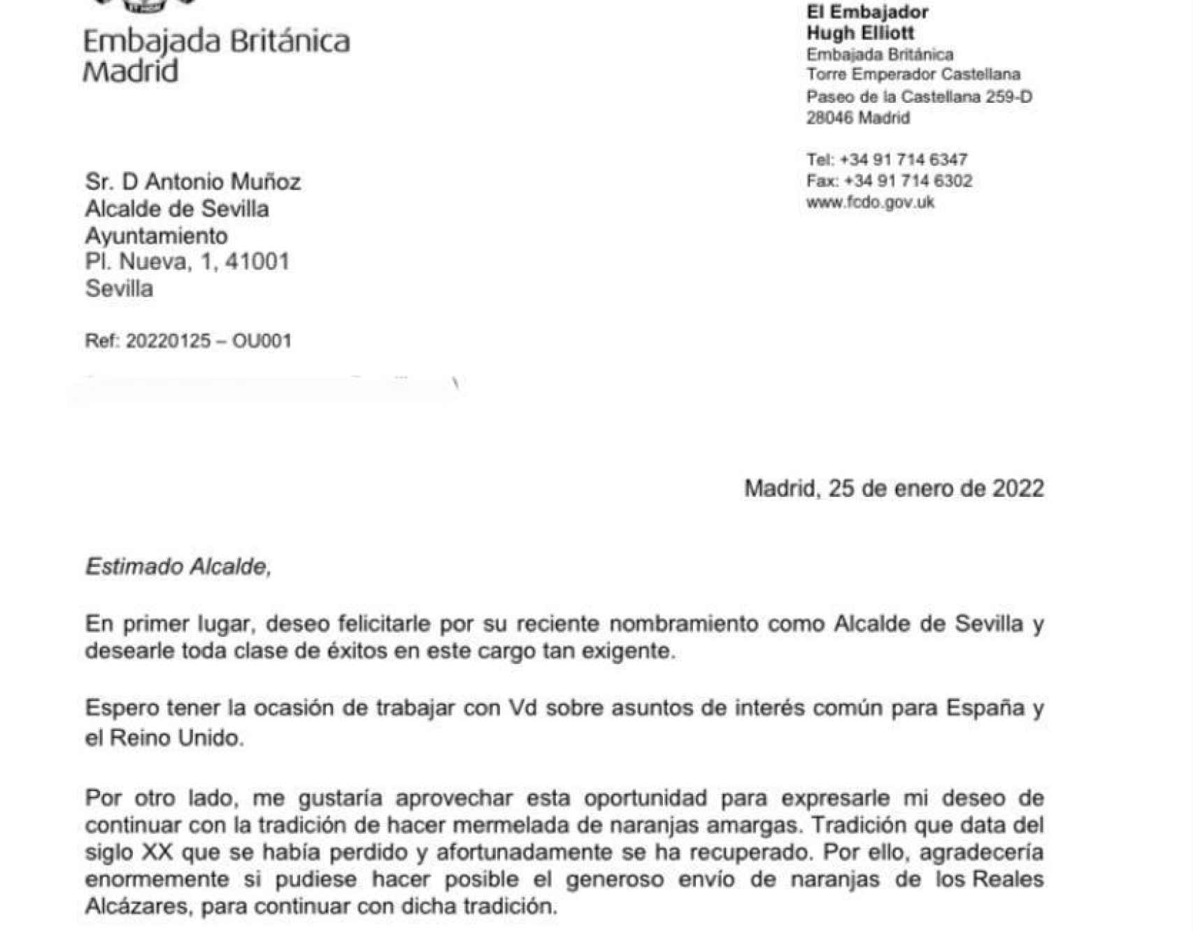 La misiva enviada hace unas semanas por el embajador británico al alcalde de Sevilla.