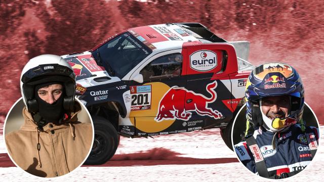 Borja Sánchez, redactor de EL ESPAÑOL, y Nasser Al-Attiyah, cuatro veces campeón del Rally Dakar, en un fotomontaje