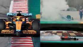 El McLaren en una recta, el Alpine de Fernando Alonso con problemas de motor y el Red Bull durante las pruebas en mojado de los test de Fórmula 1 en Barcelona, en un fotomontaje.