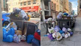 Dos calles de A Coruña en las que se acumulan bolsas de basura sin recoger.