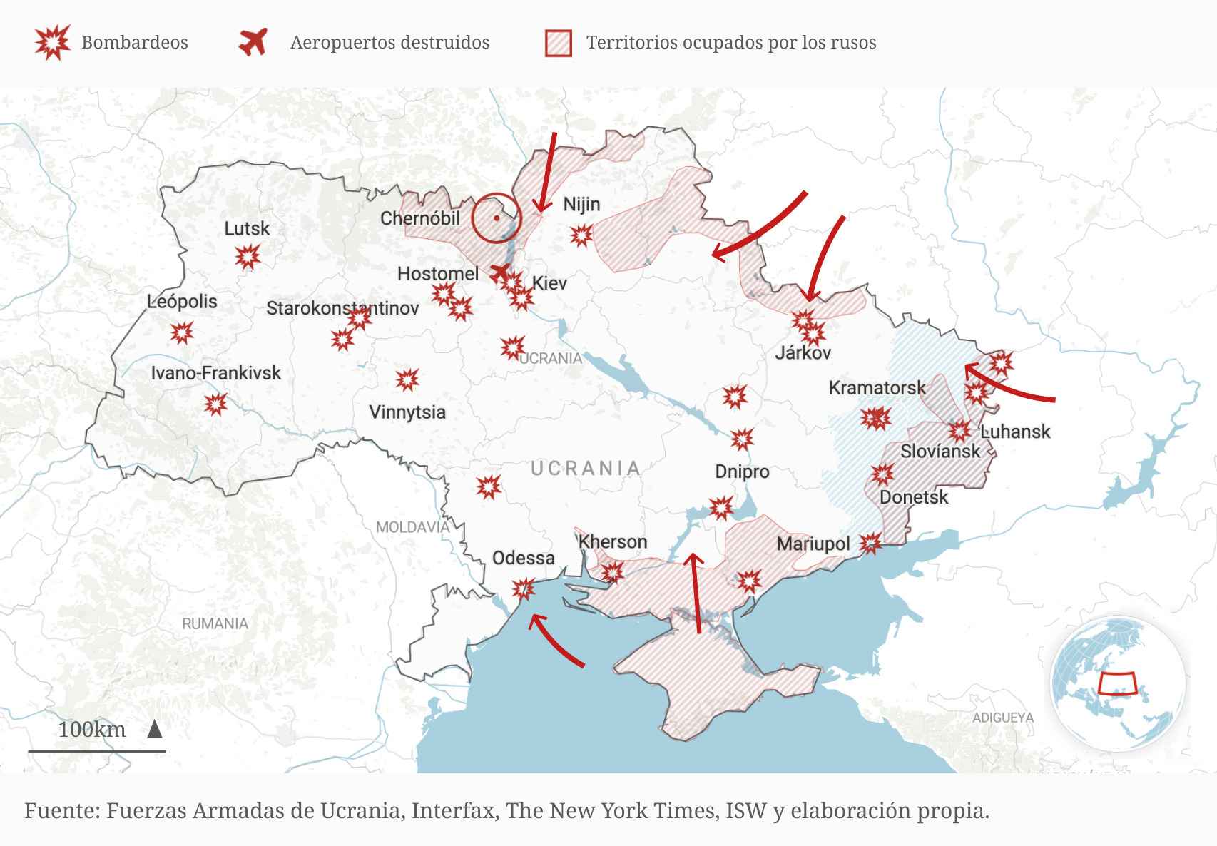 Mapa actualizado de la situación bélica en Ucrania.