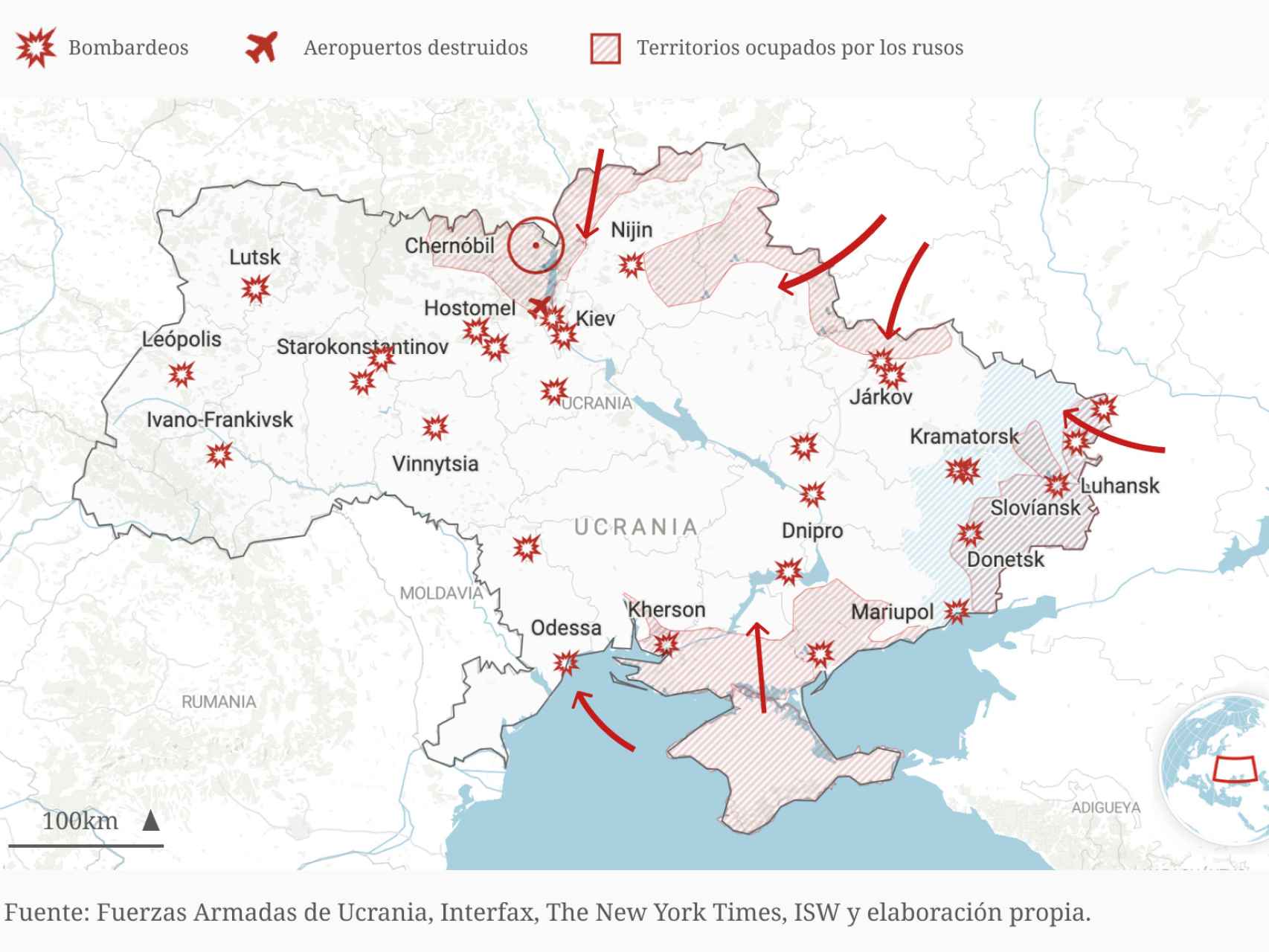 Puntos de conflicto en Ucrania, invadida por tropas rusas.