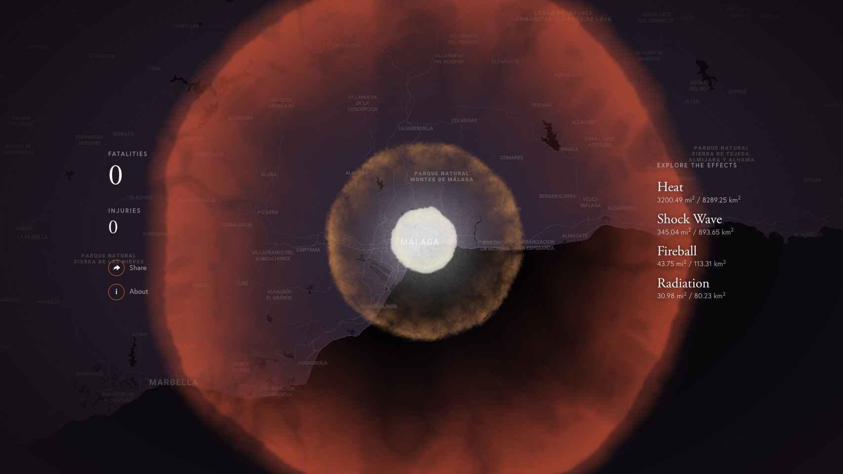 Simulación de una explosión nuclear en la web de Mapbox.