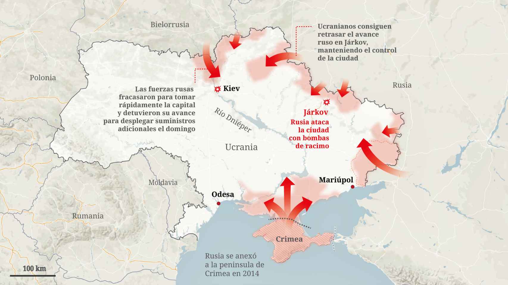 Mapa de los ataques en Ucrania.