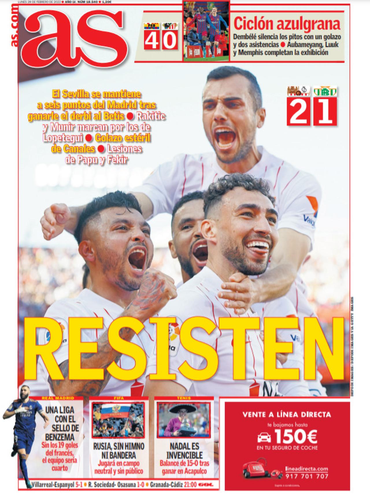 La portada del diario AS (28/02/2022)
