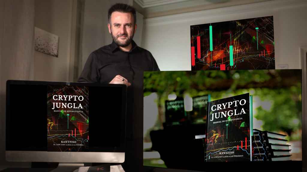Emanuele Giusto 'Kantfish' junto a pantallas con la portada de su libro 'Crypto Jungla: Manual de Supervivencia'.