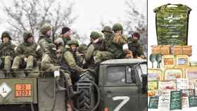 Soldados rusos movilizados en Crimea/Una ración de combate rusa a la venta online.