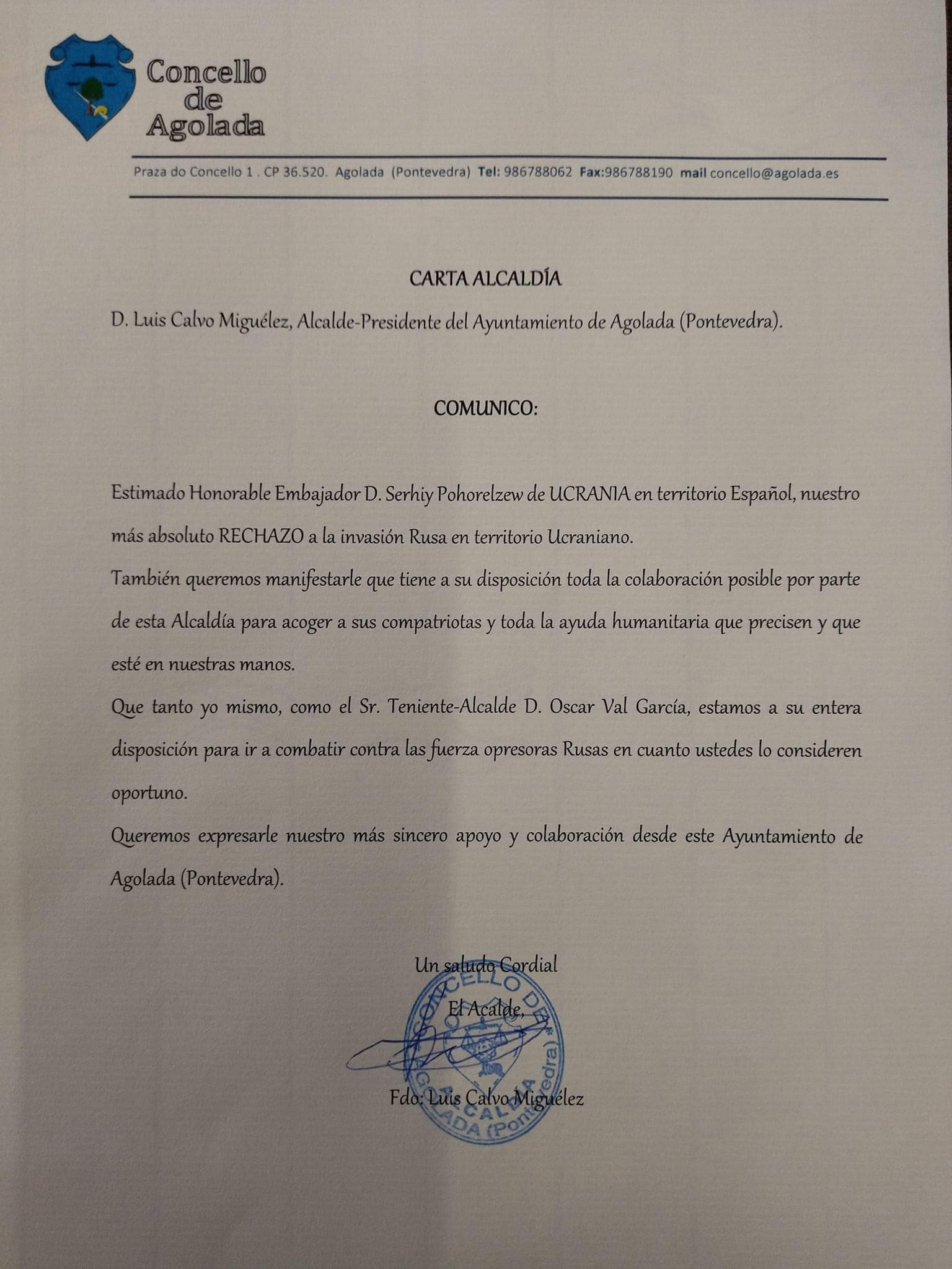 Comunicado oficial del alcalde de Agolada.