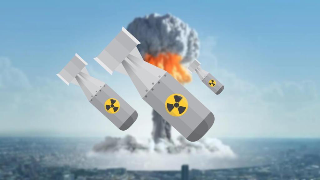 Fotomontaje con una explosión nuclear de fondo.