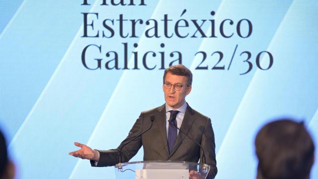 El presidente de la Xunta, Alberto Núñez Feijoo, interviene en la presentación del Plan Estratéxico 2022-2030 para Galicia.