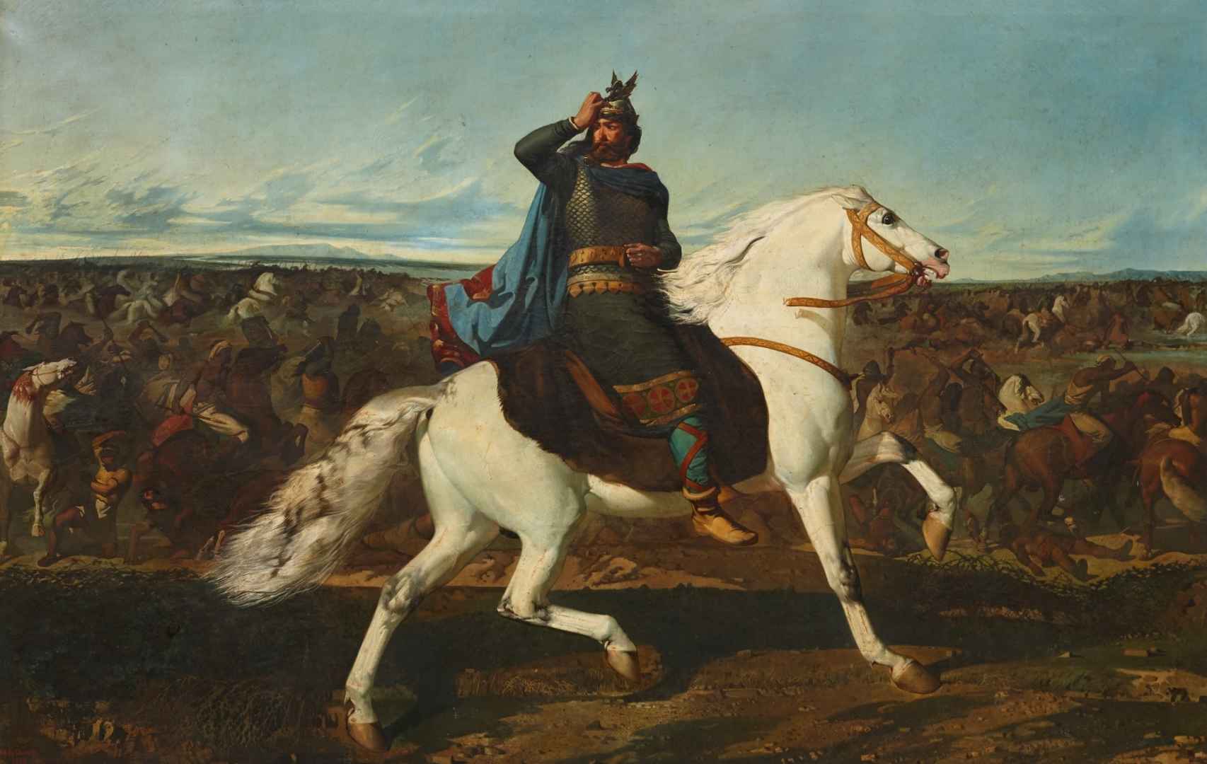 Rodrigo se aleja vencido del campo de batalla. Un lienzo de Marcelino Unceta y López.