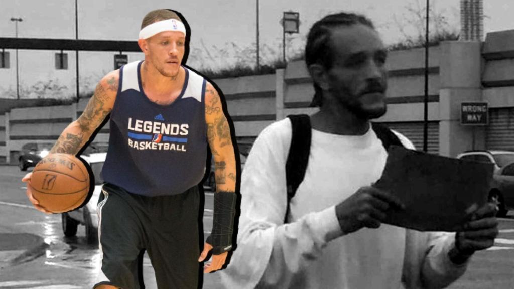 Delonte West, en un fotomontaje con una imagen entrenando y durante sus problemas callejeros.