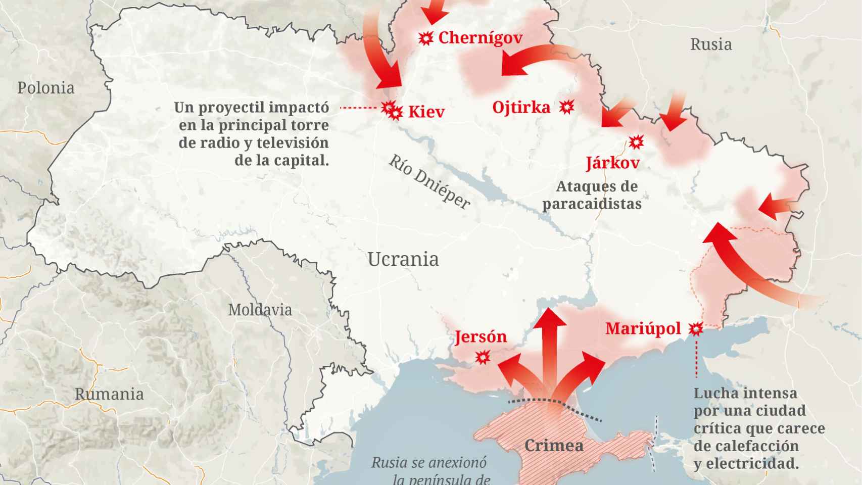 Mapa de los ataques de Rusia sobre Ucrania.