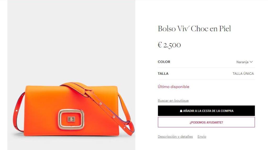 Captura de la web oficial de la firma Roger Vivier, que anuncia que solo queda el último bolso disponible.