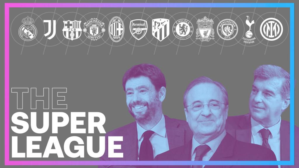 Andrea Agnelli, Florentino Pérez y Joan Laporta, en un fotomontaje junto a los escudos de los 12 clubes fundadores de la Superliga