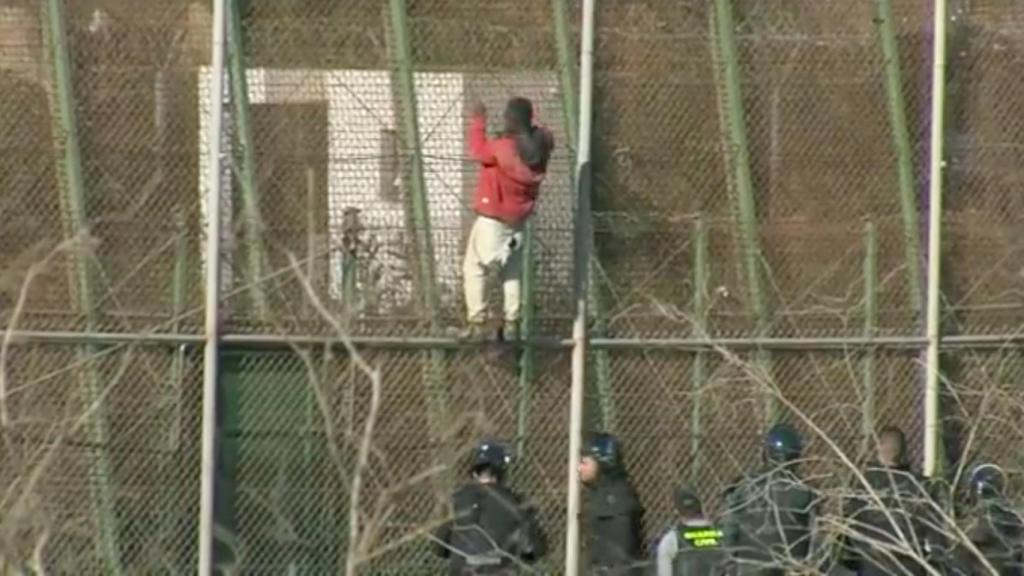 Uno de los inmigrantes desciende la valla en Melilla este viernes.