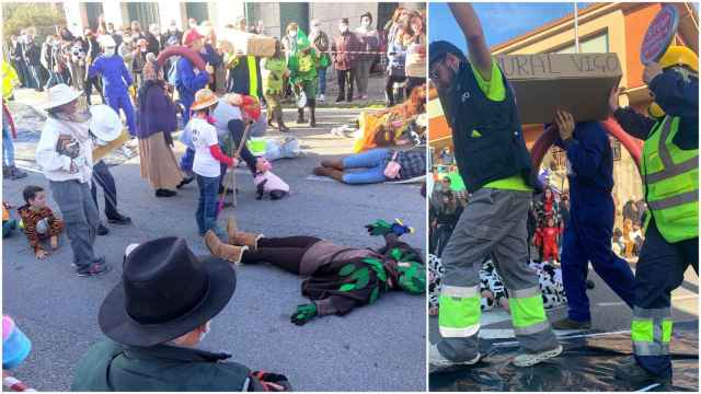 Imagen de la ‘performance’ de Avibe en el carnaval de Bembrive para simbolizar la muerte del rural vigués.