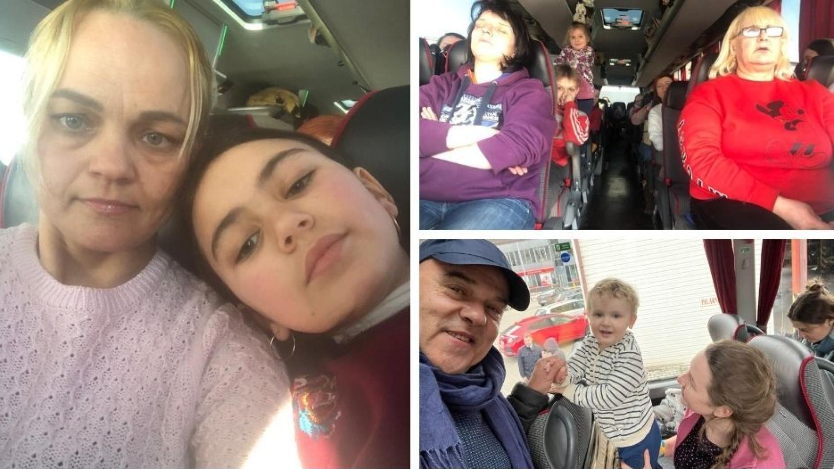 College con fotos de Galyna Ganushchak con su hija y del autobús con familias de refugiados.