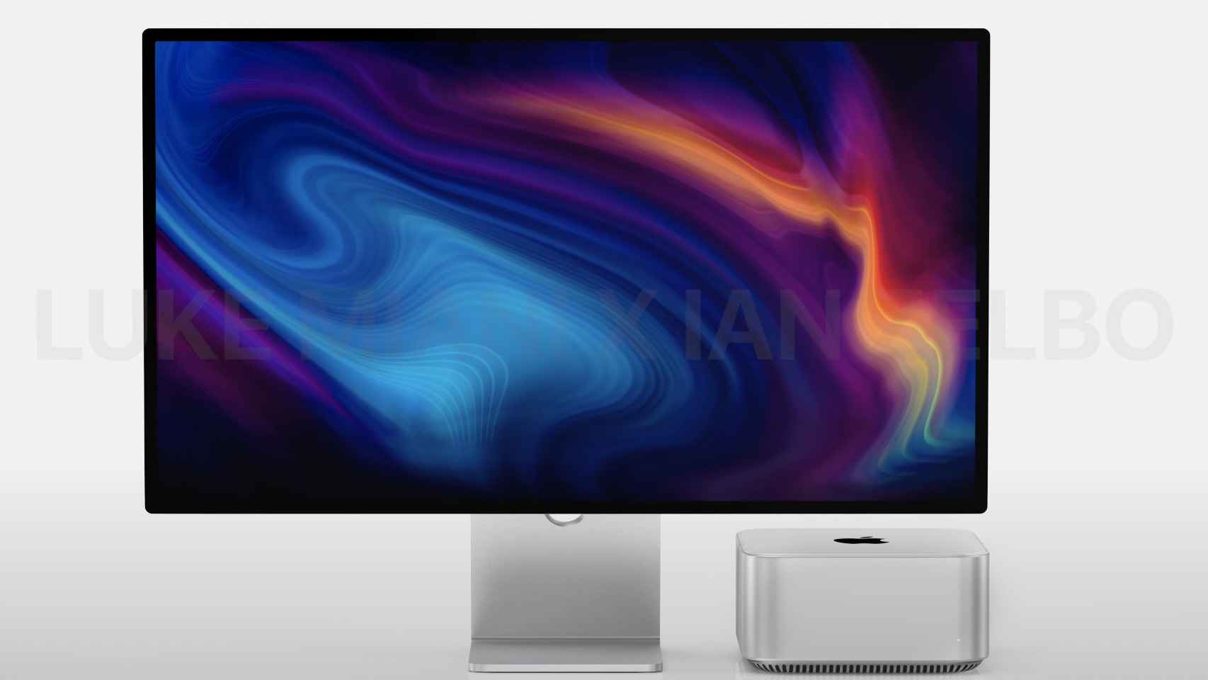 Mac Studio junto a la supuesta nueva pantalla.