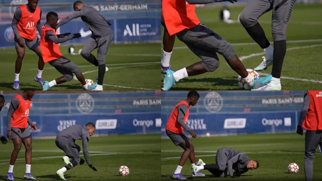 El momento de la entrada de Idrissa Gana Gueye a Kylian Mbappé.