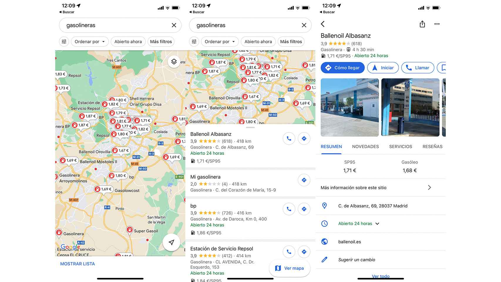 Google Maps mostrando las estaciones de servicio.
