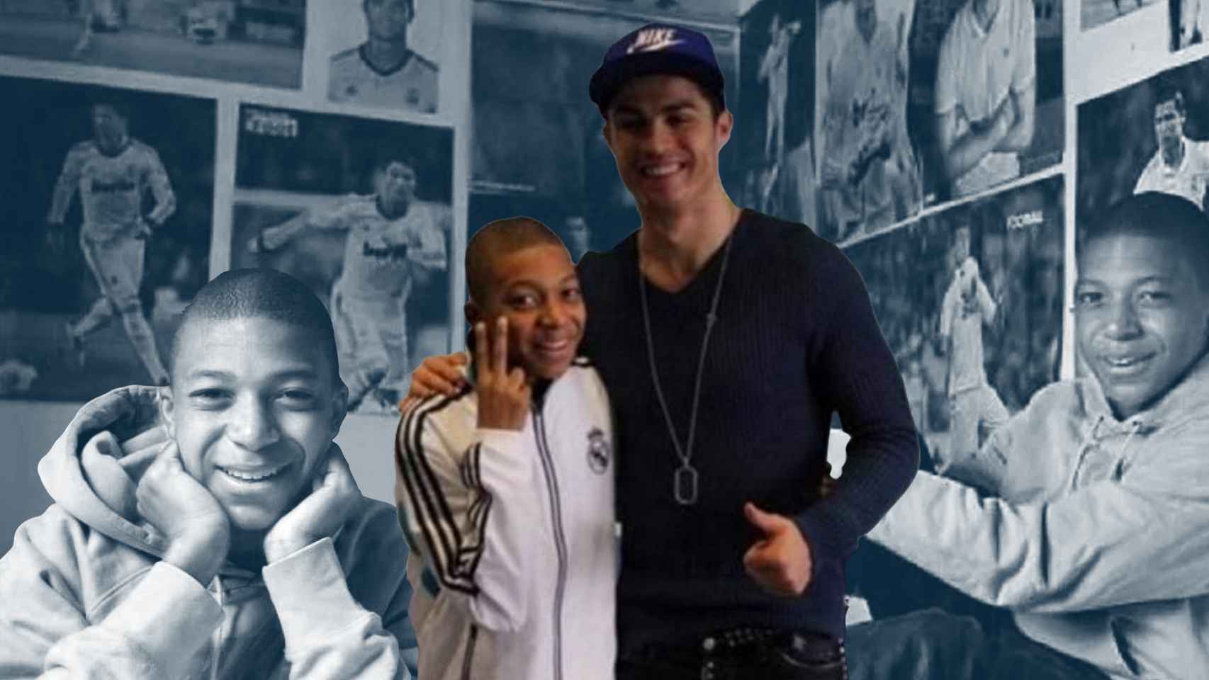 Fotomontaje de Mbappe de joven junto a Cristiano Ronaldo y en su habitación