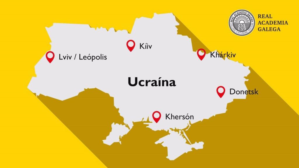 Mapa de la RAG con los nombres de las principales ciudades ucranianas escritos en su forma gallega.