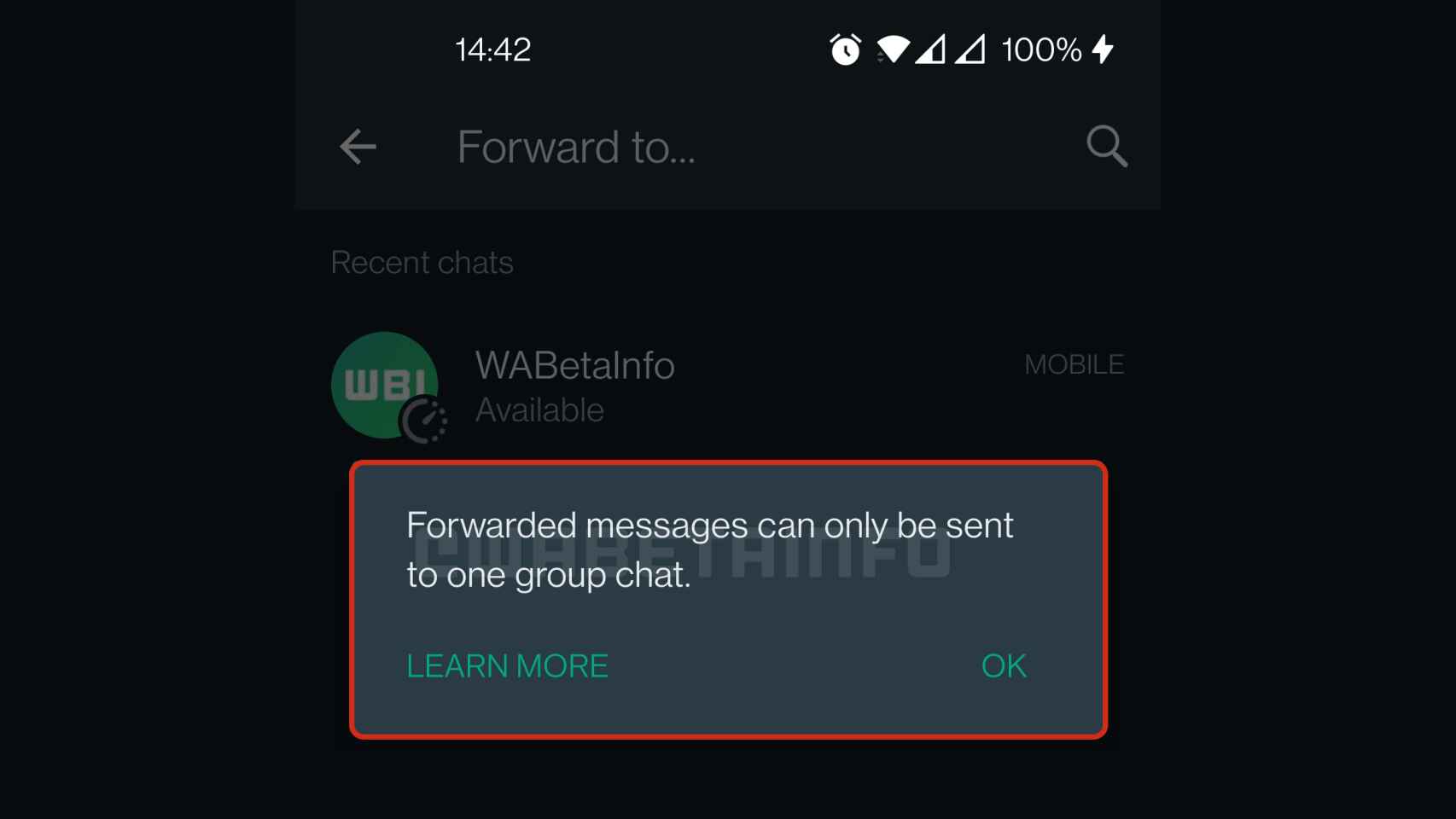Mensaje de limitación de WhatsApp