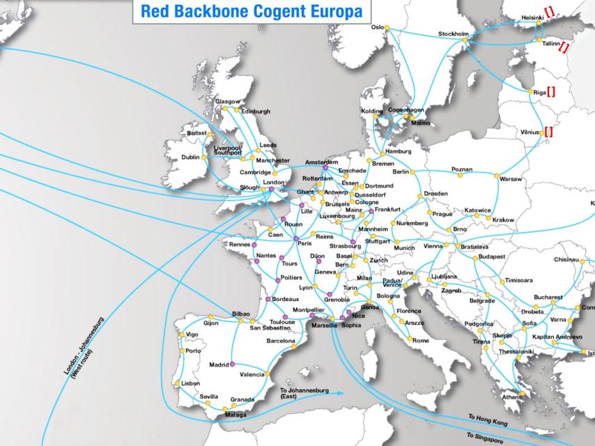 Mapa europeo de conexiones backbone de red de fibra óptica de alto rendimiento de Cogent, proveedor de redes troncales mundiales, y sus desconexión con Rusia, desde el este de Ucrania y Europa. Gráfico A. Plasencia. Fuente Cogent.