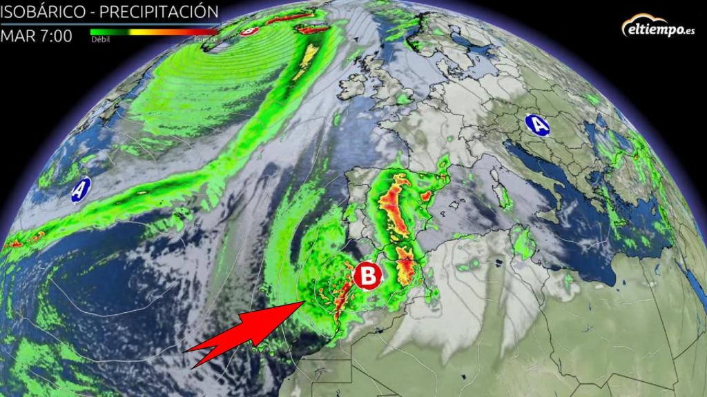 Las bajas presiones situándose al suroeste de la Península. Eltiempo.es