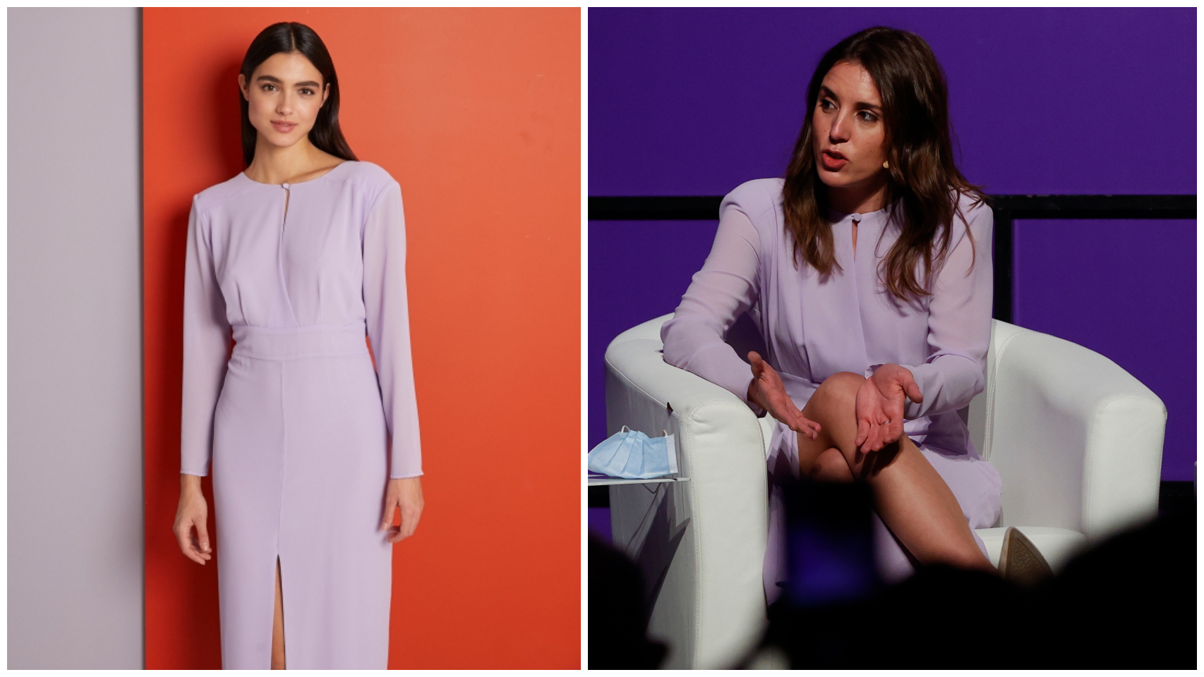 La modelo de Bimani con el vestido, e Irene Montero en su acto previo al Día de la Mujer.