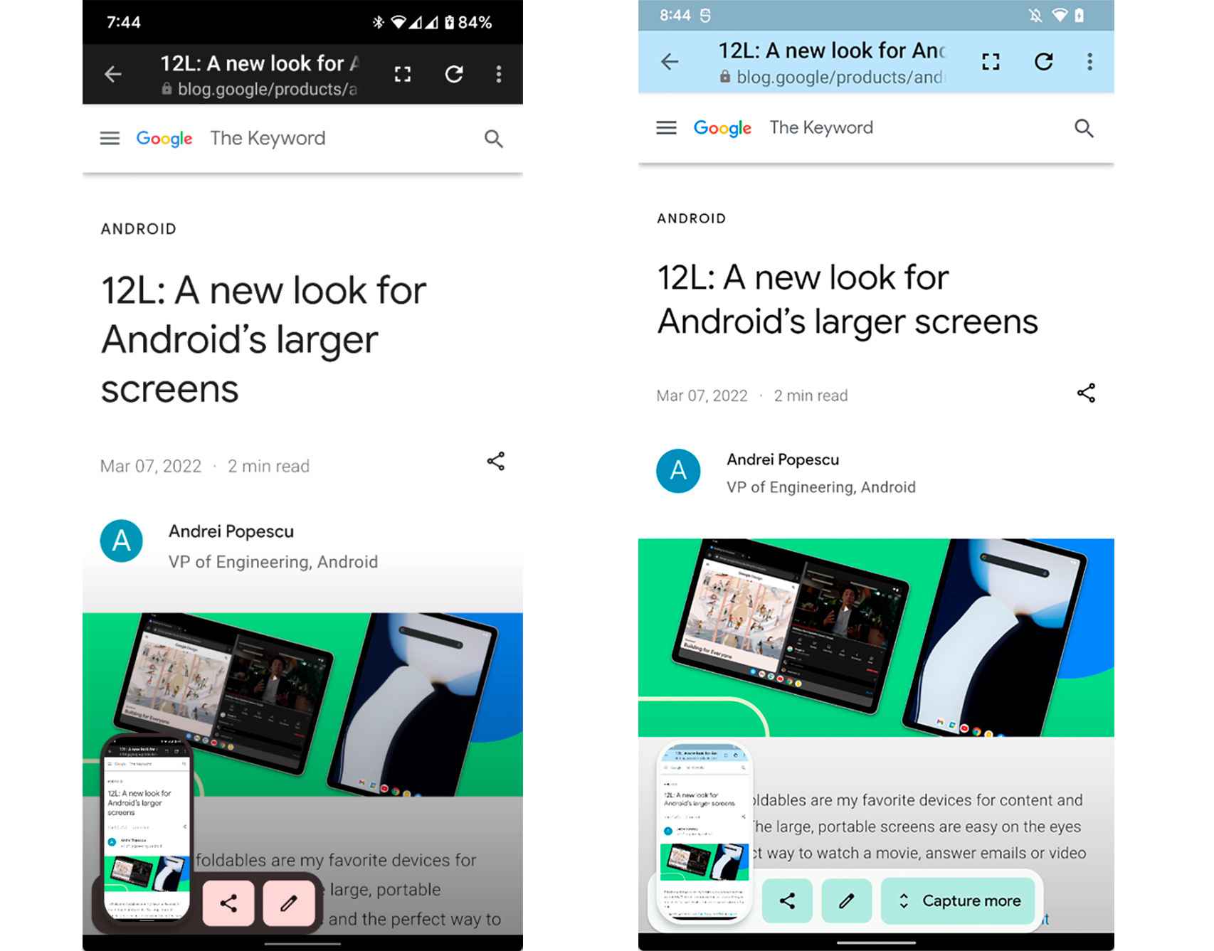 Captura de pantalla prolongada en la versión de la derecha de Android 12L. La otra es Android 12