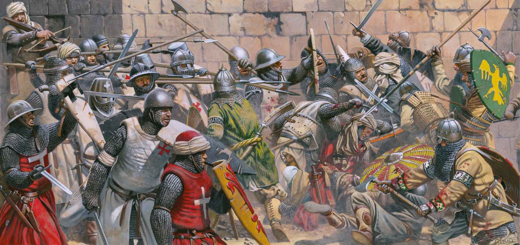 Templarios luchando en la llamada torre maldita durante la caída de Acre (1291), que supuso el fin de la presencia cruzada en Tierra Santa.