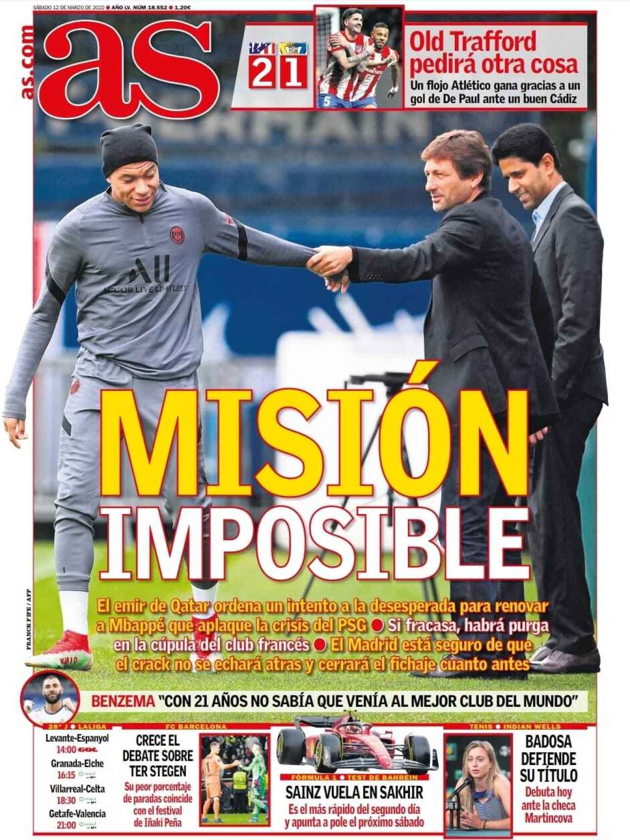 La portada del periódico AS (sábado, 12 de marzo del 2022)
