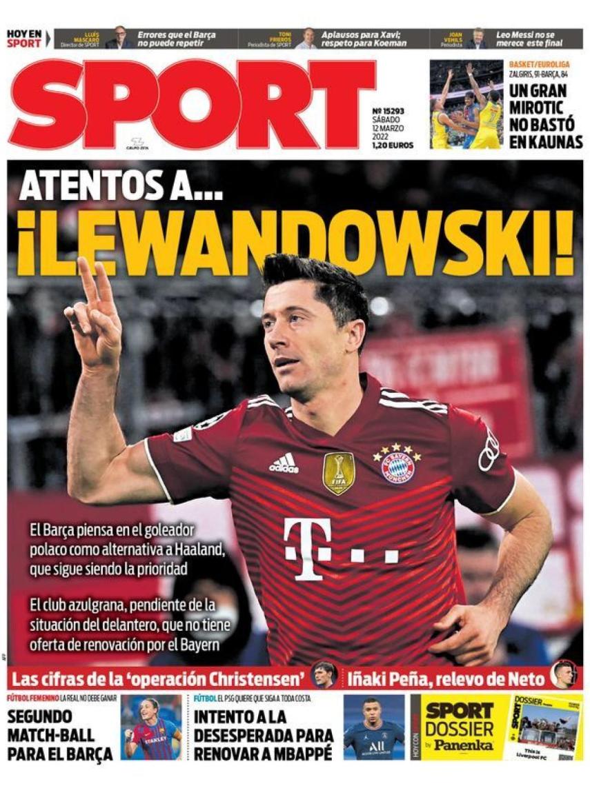 La portada del periódico Sport (sábado, 12 de marzo del 2022)