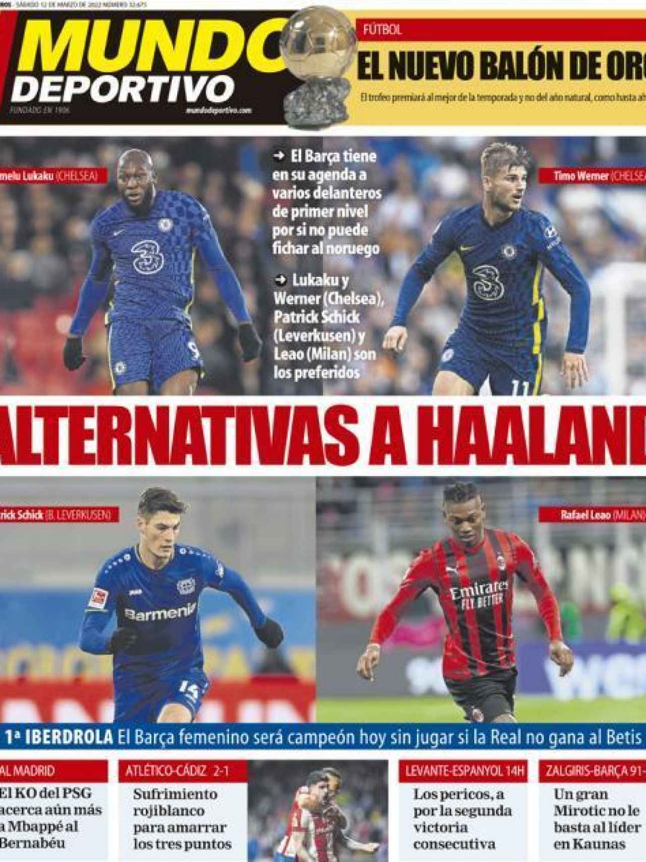 La portada del periódico Mundo Deportivo (sábado, 12 de marzo del 2022)