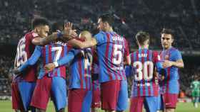 El FC Barcelona celebra uno de sus goles ante Osasuna