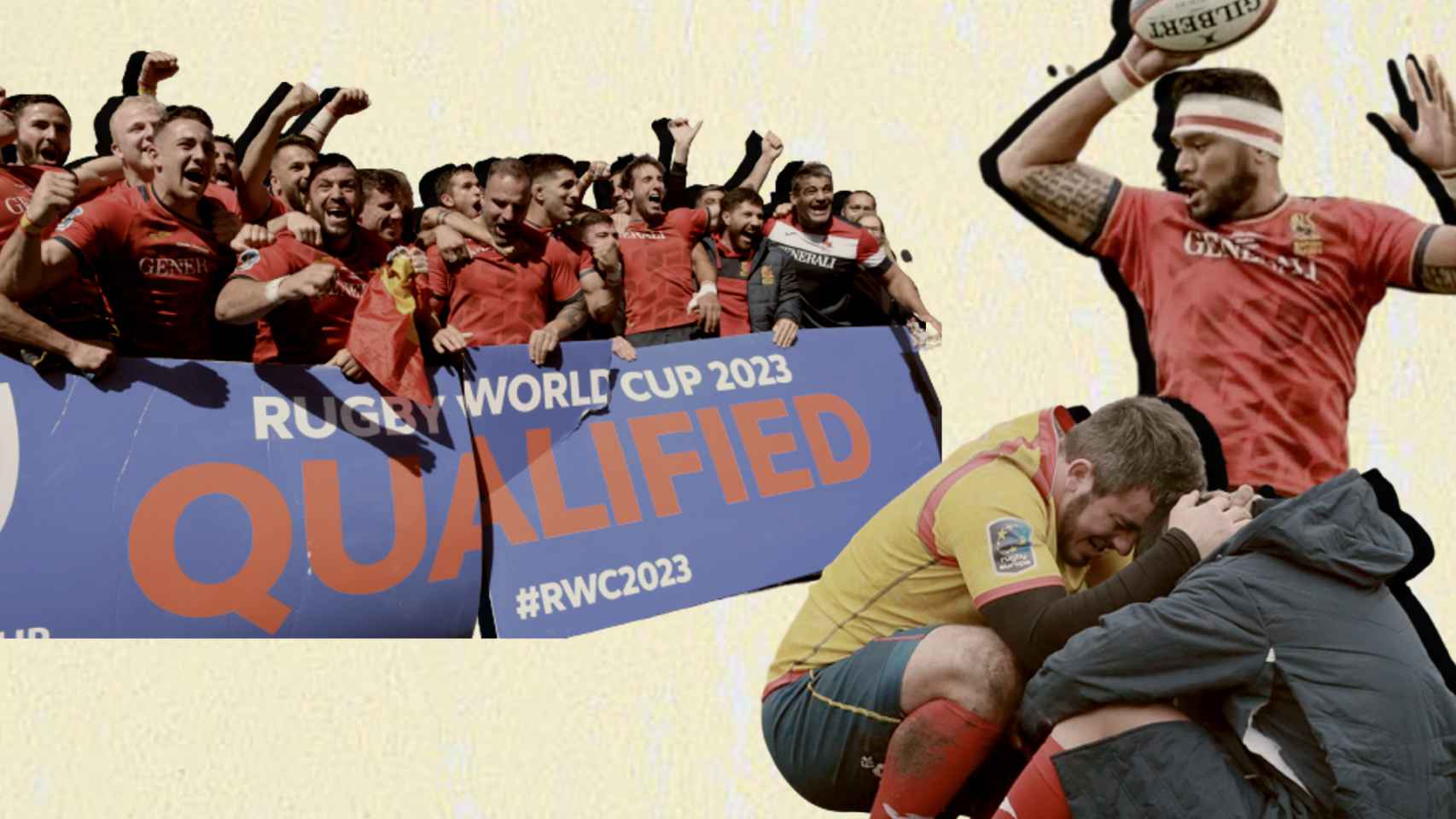 Los jugadores de la selección española de rugby celebrando el pase al Mundial 2023, Kawa Leauma y un momento de la derrota en Bruselas, en un fotomontaje.