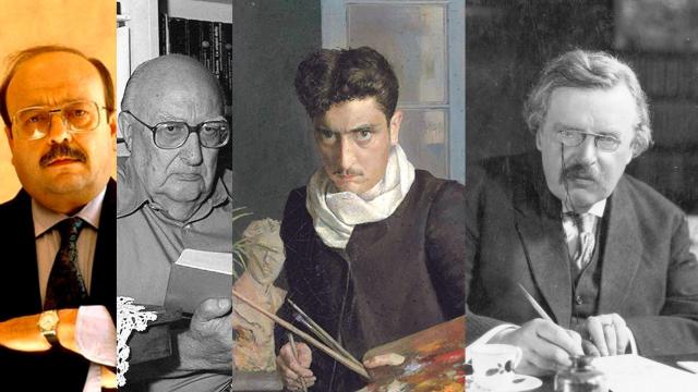 De izquierda a derecha, Manuel Vázquez Montalbán, Andrea Camilleri, Julio Romero de Torres y G. K. Chesterton