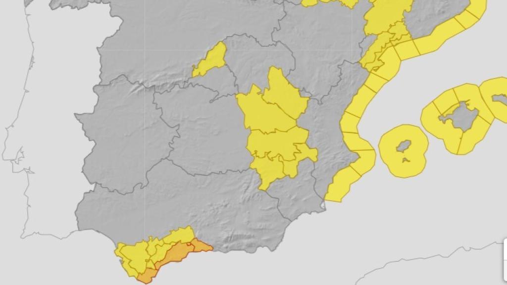 Mapa de Aemet con los avisos por fuertes lluvias.