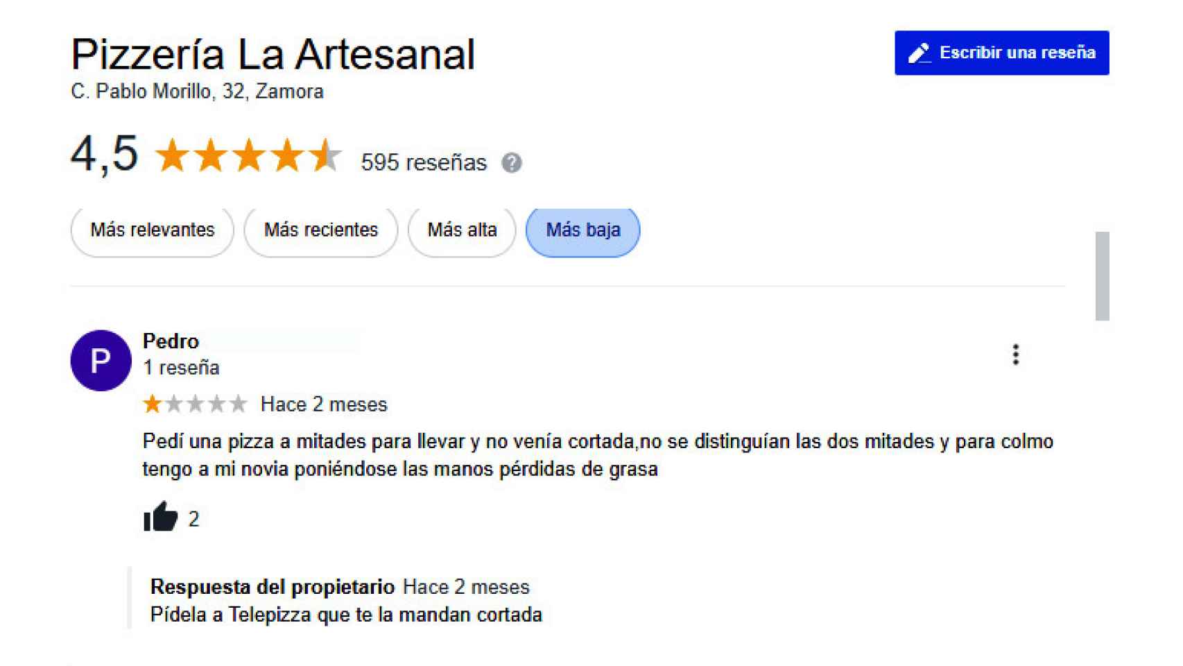 Reseña de La Artesanal en Google