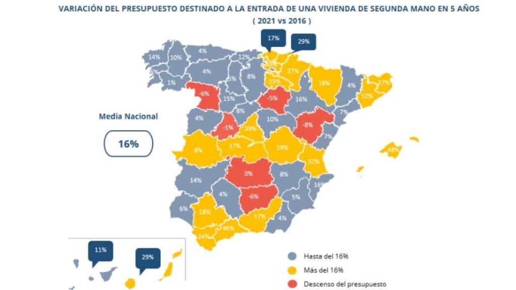 Mapa con los porcentajes de subida en los precios de entrada a una vivienda.