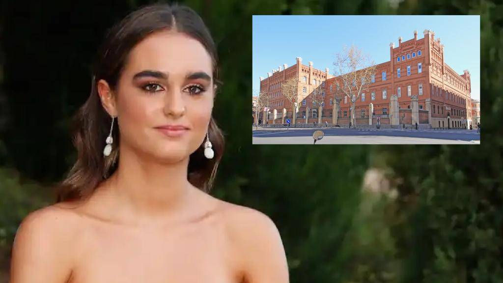 La joven estudiante Natalia García Cerezo en un montaje de EL ESPAÑOL junto a la fachada de la universidad donde estudia en Madrid.