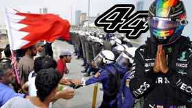 Fotomontaje de Lewis Hamilton y unas protestas en Baréin
