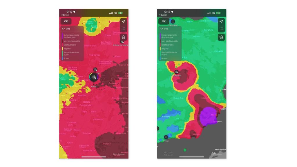 Mapas en iOS con la calidad el aire en la borrasca Celia