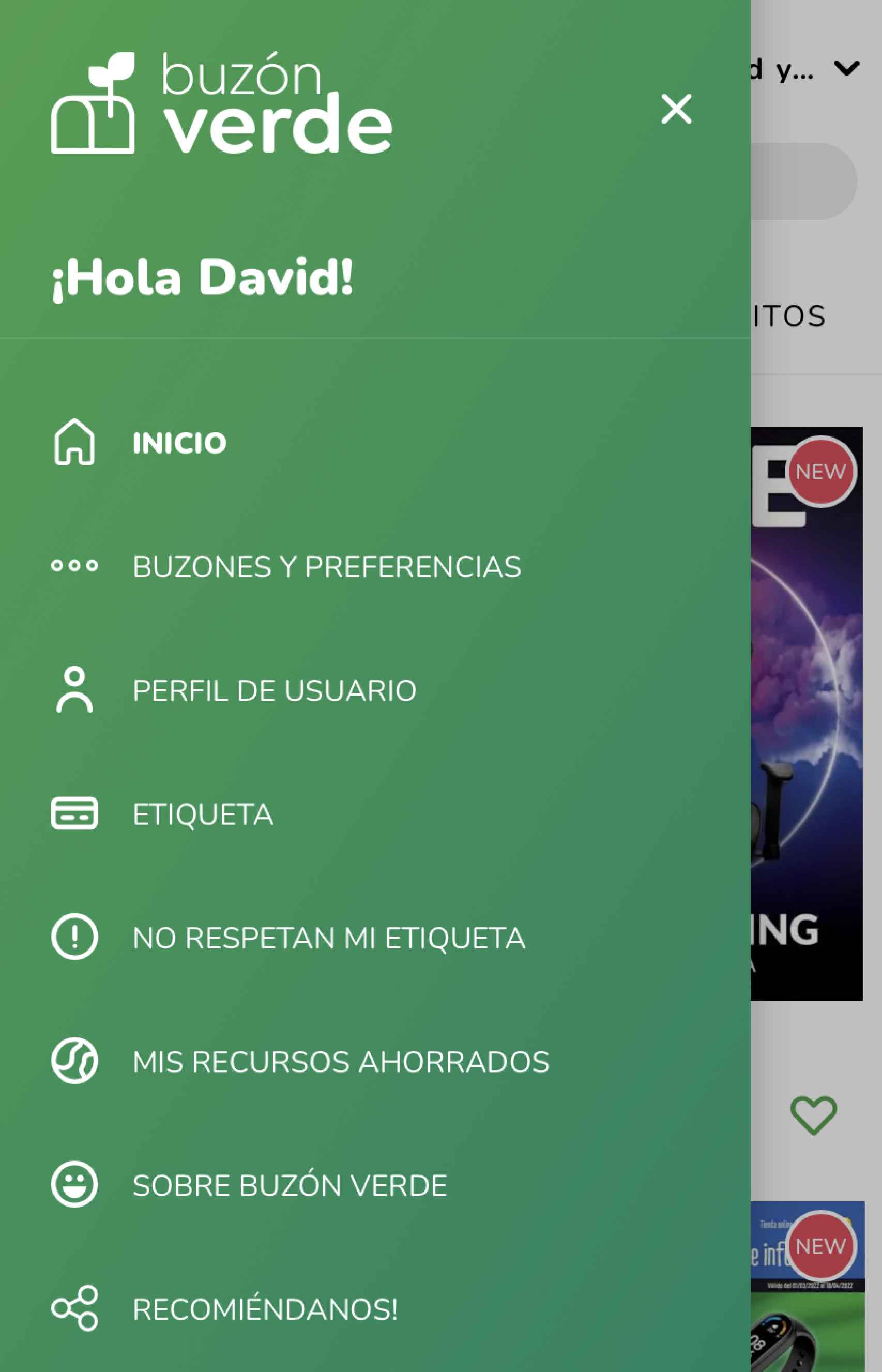 Pantallazo del menú de navegación de la app Buzón Verde