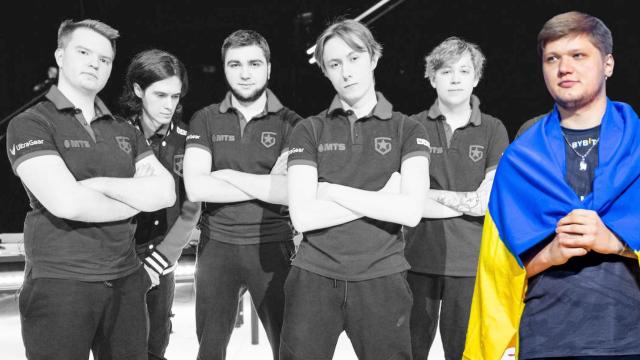 Fotomontaje de los miembros de Gambit y Sasha Kostyliev portando la bandera de UcraniaEsports y