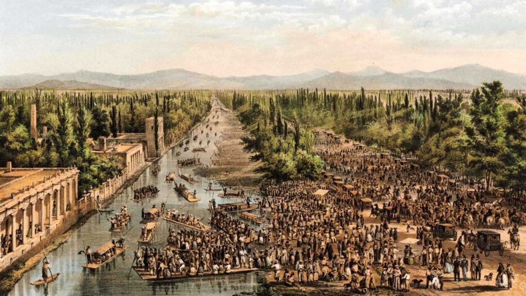 El canal de la Viga de México, pintado por Casimiro Castro. / Archivo General de Indias.